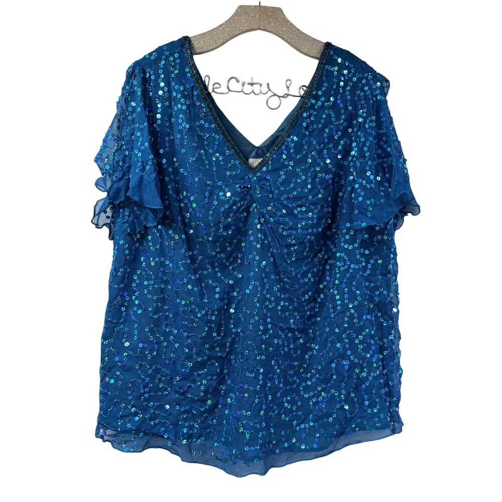 Roamans Blue 100% Silk Top Beaded Sequin 18W Vintage Party V Neck Pretty